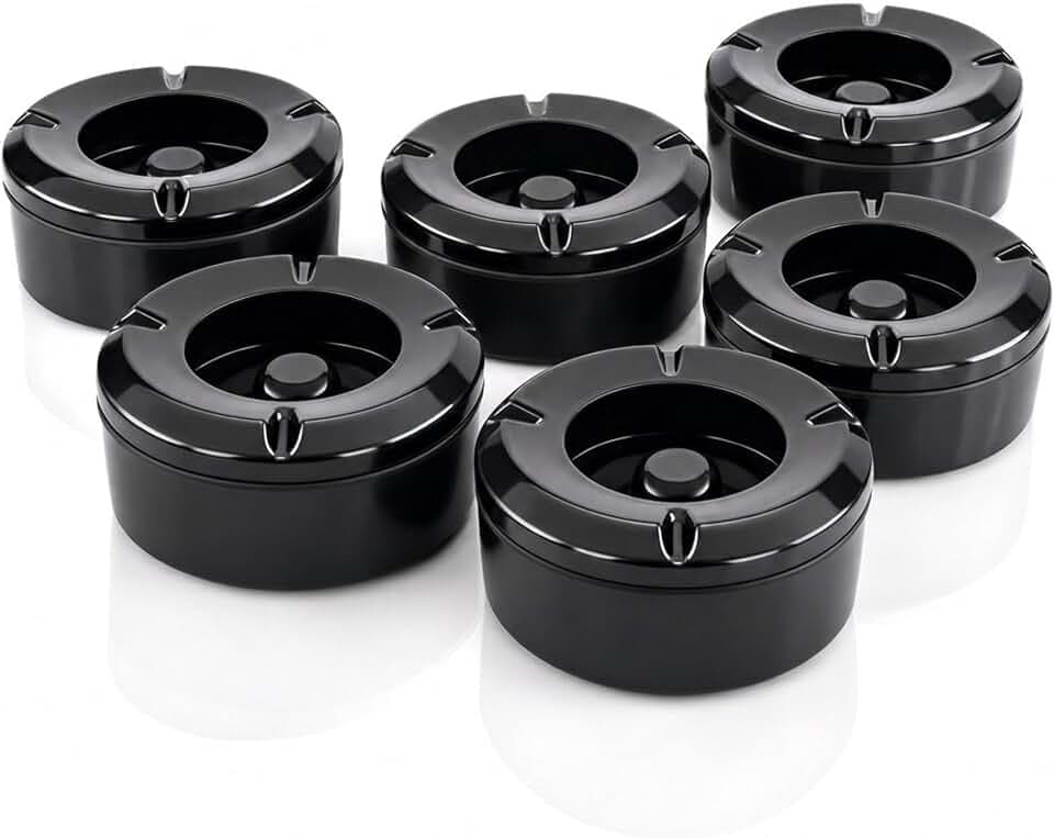MC-Trend 6er Set Windaschenbecher schwarz mit Deckel, Aschenbecher für draußen aus Melamin, Sturmaschenbecher Outdoor für Balkon Garten Terrasse Gastronomie, mit Gluttöter, abschraubbar, Ø 10 cm