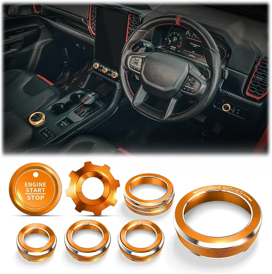 for 2023-2026 Ford Ranger Accessories, 8-Pieces Aluminum Knob Covers Trim Set - Push Start Button, A/C, Volume, Headlight & Drive Mode (Orange)