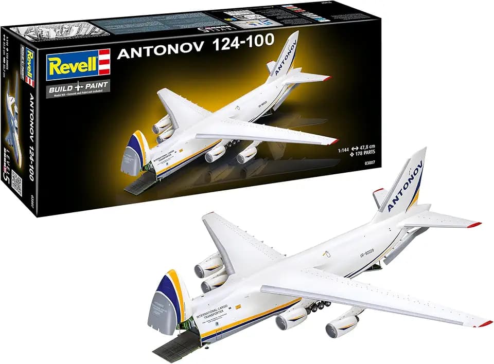 Revell Modellbausatz Antonov AN-124 - Detailliertes Cockpit und Laderaumpanele - 5 Bauoptionen - Authentisches Abziehbild - Gleichzeitiges Be- und Entladen durch klappbare Nase und Heckladetüren