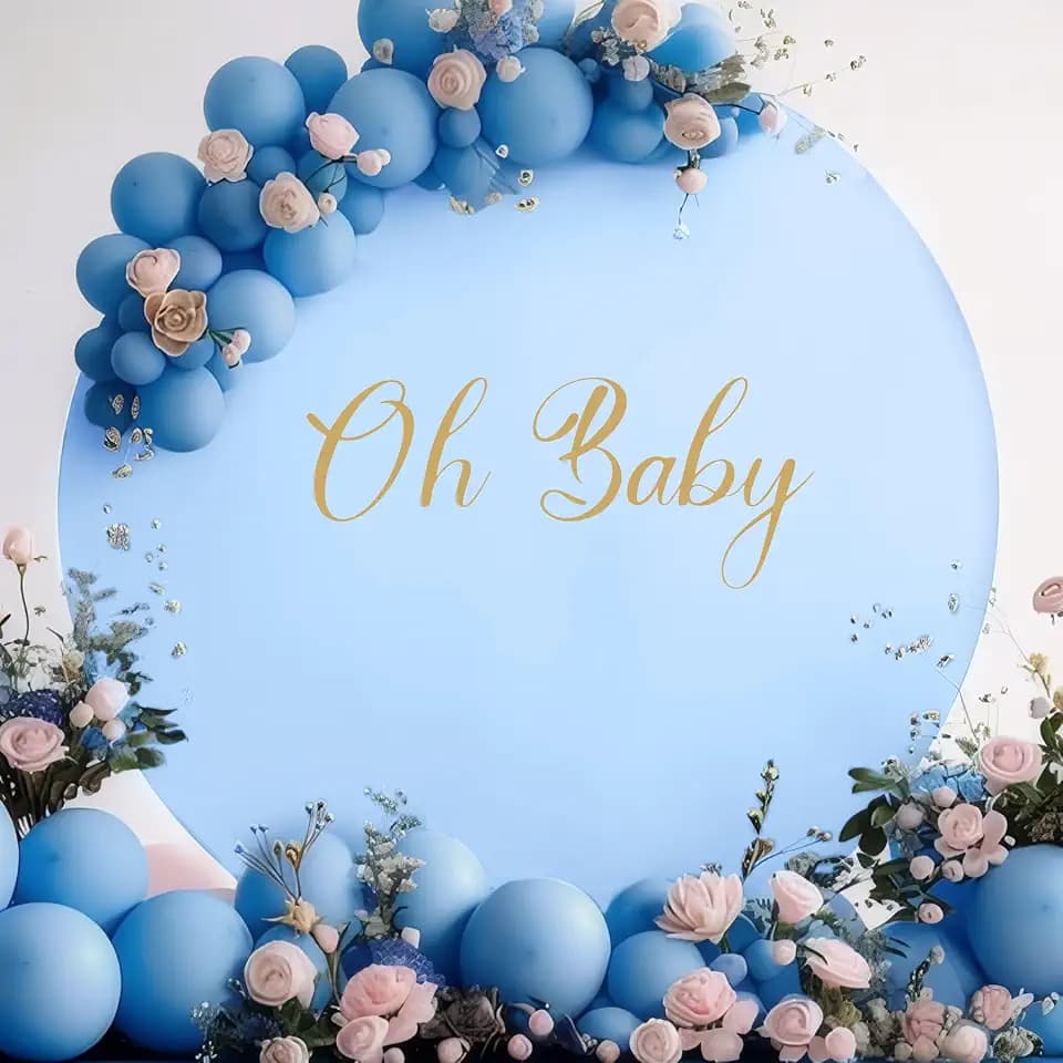 Gallety 7.2FT Baby Blue Round Backdrop Cover with Oh Baby Decal, Size Adjuster, Universal Fit for 5-7.2ft Circle Stand, Polyester Fabric Arch Cover for Wedding, Birthday Party, Photography Decor