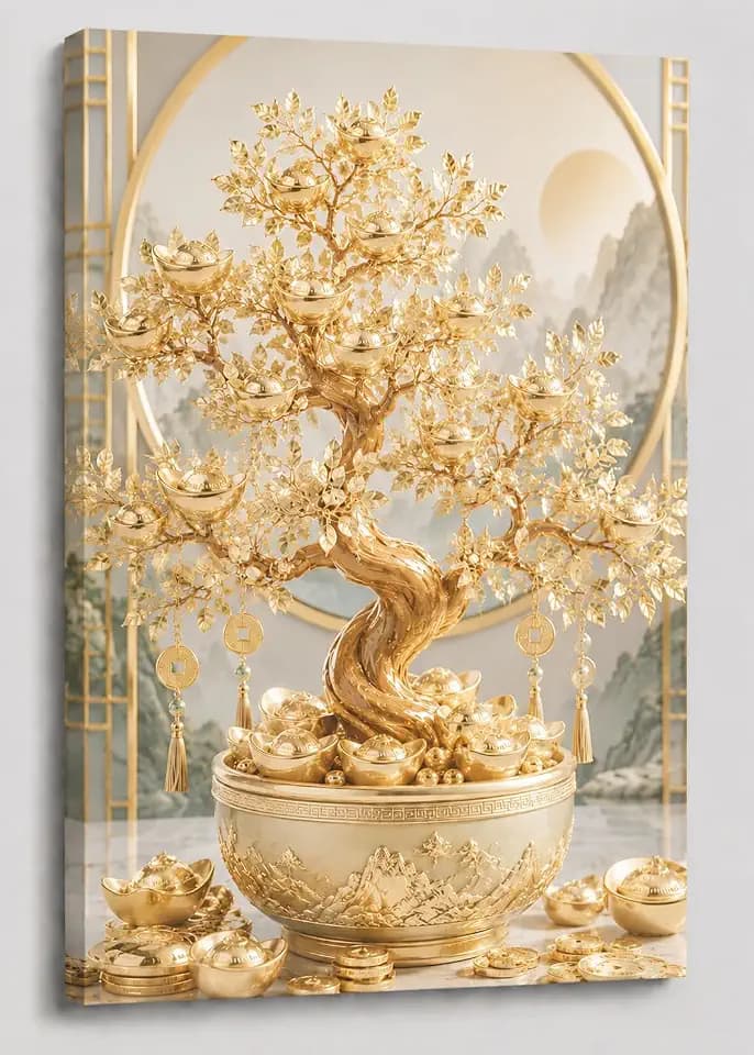 ICE ARMOR Large Chinese Feng Shui Money Tree Wall Art Canvas Print 24x36 Inch Wealth Bonsai Decor Prosperity Artwork Office Living Room Home Decor Ready to hang