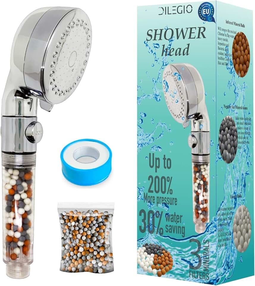 Duschkopf mit Anti-Kalk-System und Mineralsteinen, wassersparende Handbrause mit Öko-Filter und Massagefunktion, Sparduschkopf für Hochdruckreiniger, Duschbrause für trockene Haut und Haar