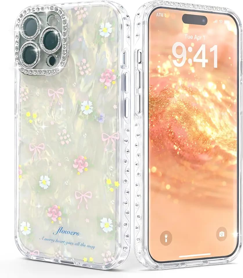 Glossy for iPhone 15 Pro Max Case, for Women Girl, Sparkle Diamond with Camera Lens Protector, Shockproof Clear Cute Glitter Pattern Bling Phone Case, Shell Glitter Bow Floral