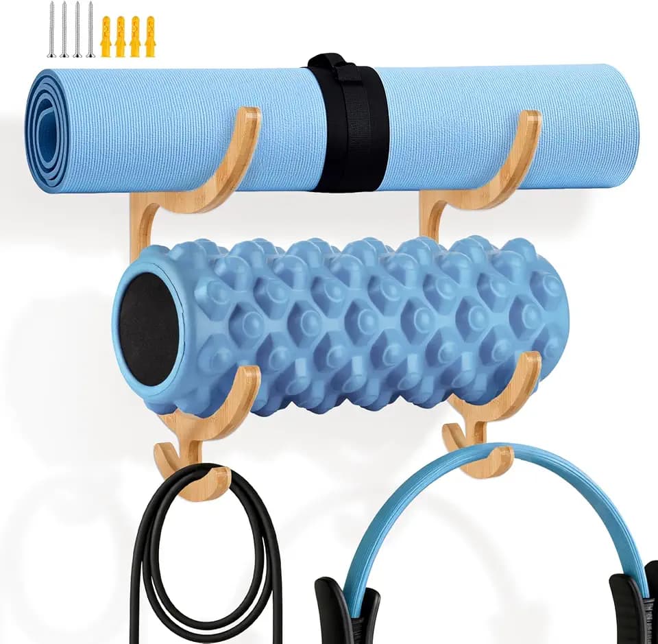 Aufbewahrungsregal für Yogamatten, Holz, multifunktional, mit 4 Haken, Wandmontage, für Fitnessreifen, Widerstandsband, Springseile, Fitnessstudio, Wohnzimmer, Schlafzimmer