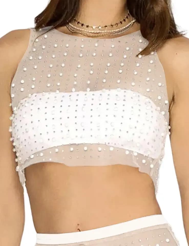 Meladyan Women Sexy Sheer Mesh Diamond Rhinestone Crop Tank See Through Hollow Out Sleeveless Crewneck Cropped Going Out Top