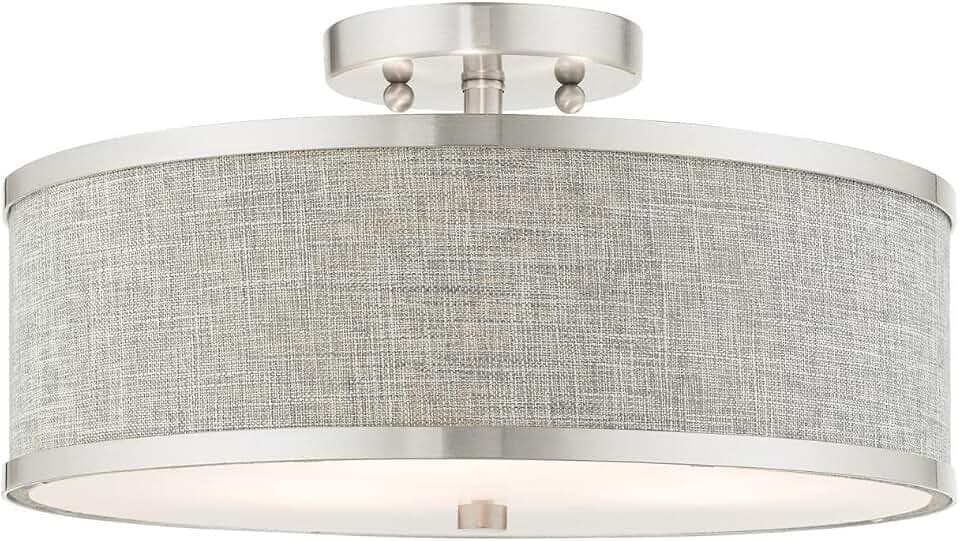 Livex Lighting 60423-91 Park Ridge Collection 3-Light Semi Flush Mount Ceiling Light with Oatmeal Color Hardback Fabric Shade, Brushed Nickel, 15 x 15 x 8