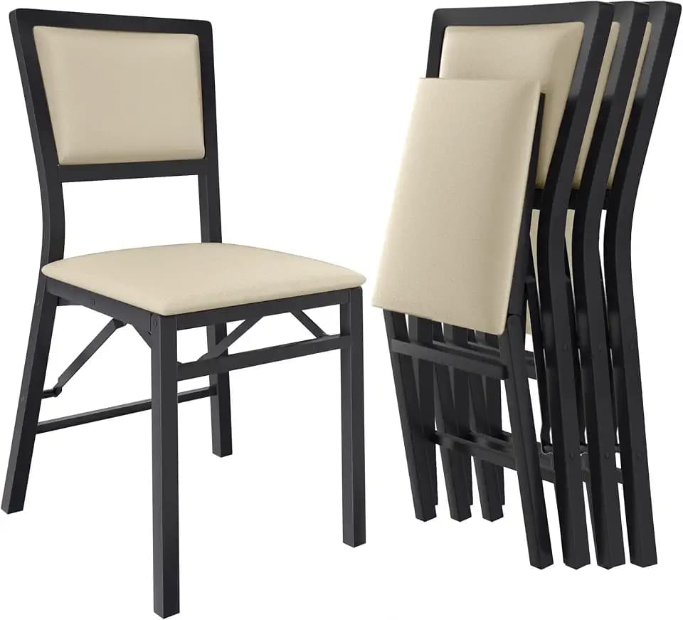 VECELO Folding Dining Chairs Set of 4, Metal Padded Foldable Seating with Comfortable Faux Leather, Space-Saving Portable Guest Seats for Kitchen & Office, No Assembly, Creamy Beige