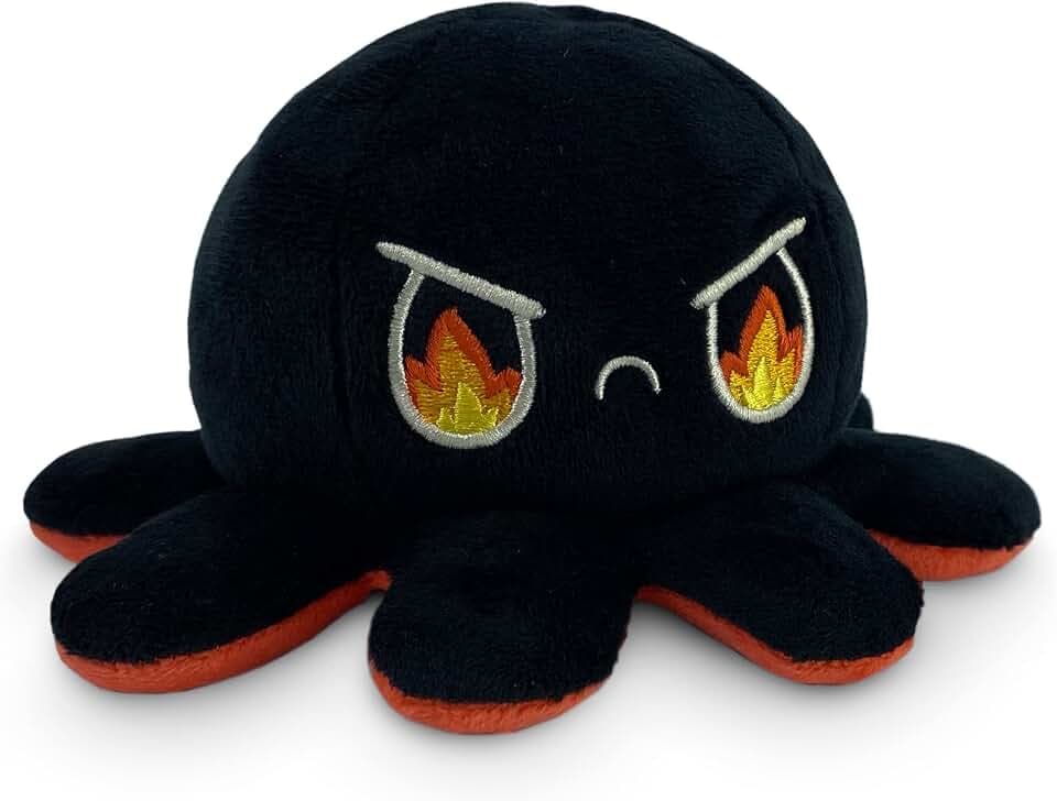 TeeTurtle Reversible Octopus Plushie - 4-Inch Angry Red + Rage Black Two-Sided Flip Plush Toy with Embroidered Details - Cute Mini Collectible Plush for Kids, Teens, and Adults