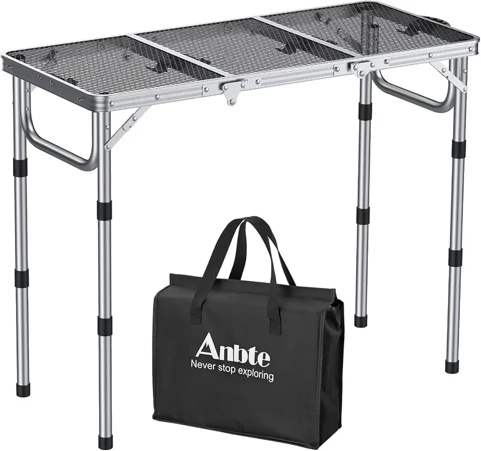 Anbte 3ft Folding Grill Table with Storage Bag, 3 Adjustable Height 27.5" Aluminum Portable Grill Table, Heat Resistant, Lightweight, Portable Handle for BBQ Cooking Camping Travel, 35" X 16", Silver