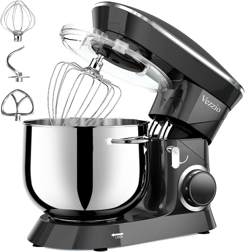 Vezzio Küchenmaschine, 8,5 l Backteig-Mixer, 10-stufige Teigmaschine, mit Rührhaken, Knethaken, Schneebesen und Spritzschutz (Schwarz)