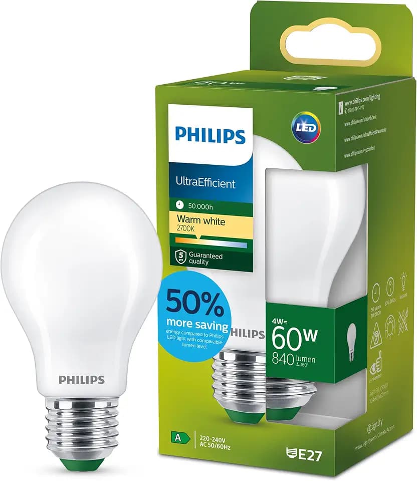 Philips LED Classic ultraeffiziente E27 Lampe (60 W), matte LED Lampe mit warmweißem Licht, energiesparende Lampe mit langer Nutzlebensdauer, Energieeffizienzklasse A