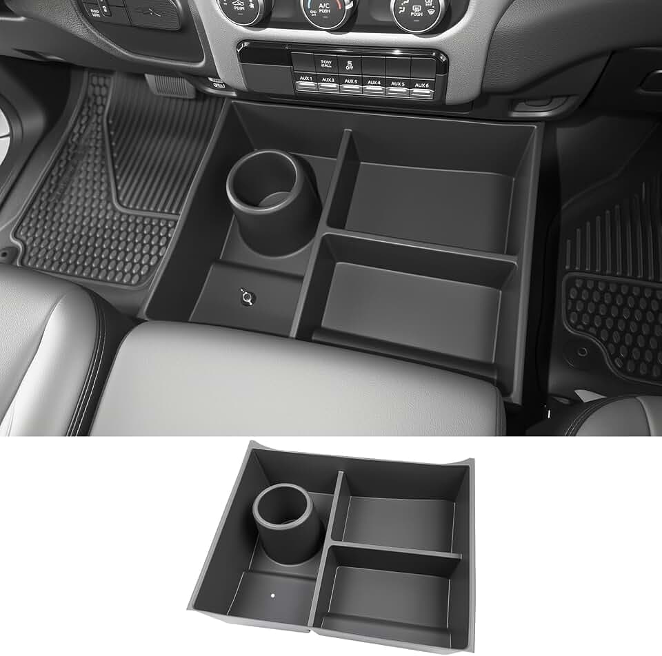 Center Console Floor Organizer for 2013-2018 Dodge Ram 1500 & 2019-2024 Ram 1500 Classic & 2013-2026 Ram 2500 3500 Accessories, Beach Seat Storage Box Tray with Cup Holder (Not for 2019-2026 New Body)