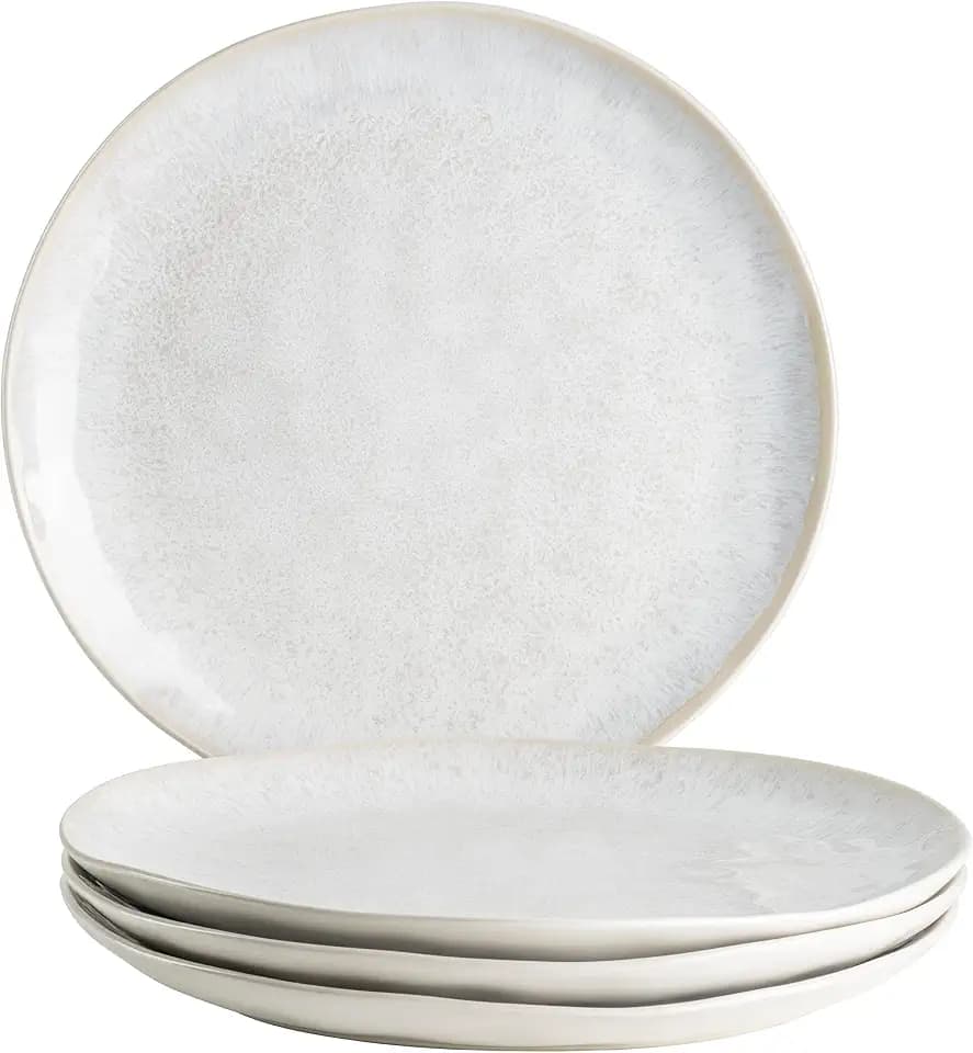 MÄSER Frozen, Modernes Speiseteller 4er-Set mit gesprenkelter Glasur und organischen Formen, 4 große flache Essteller aus Keramik im aufregendem Vintage Look, Steinzeug, Weiß