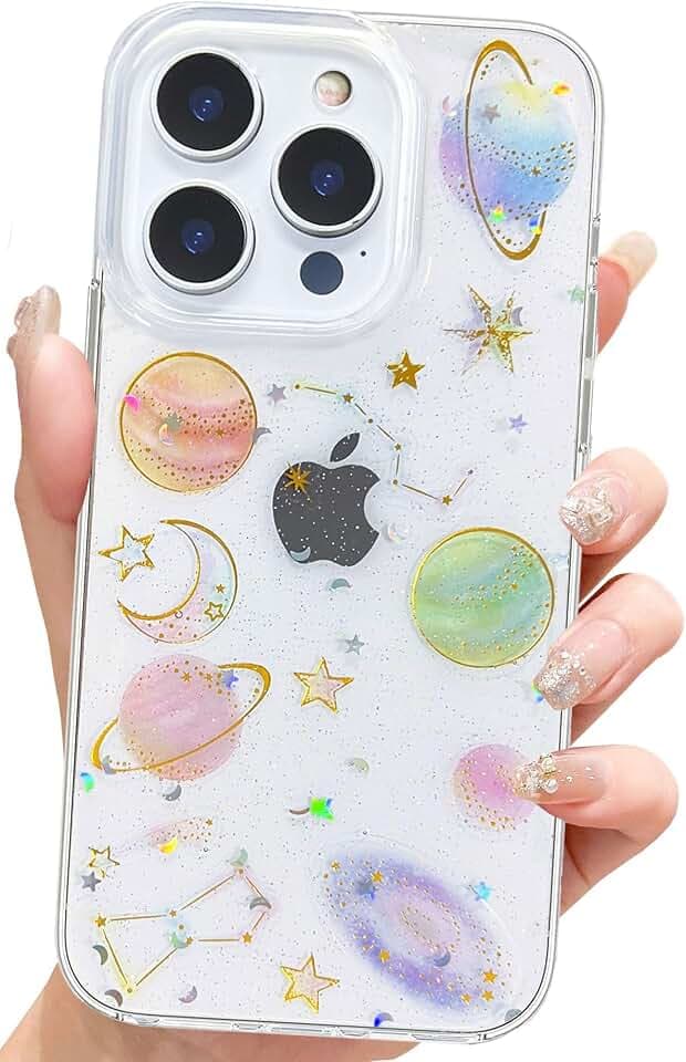 Abbery Handyhülle für iPhone 15 Pro Hülle Planeten Stern Glitzer Durchsichtig Mit Weltraum Motiv Muster Kawaii Sparkle Silikon Frauen Mädchen Stoßfeste Anti-Kratzer Schutzhülle für iPhone 15 Pro