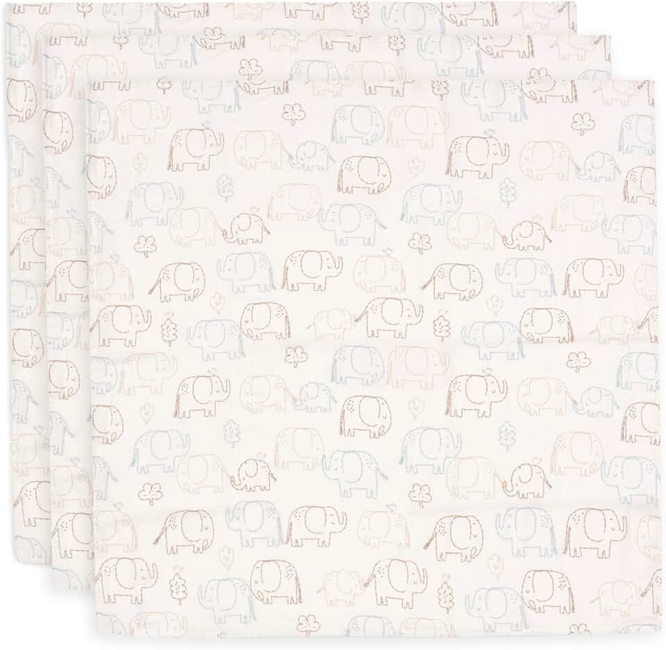 Jollein Musselin Tuch Baby – Elephant Tales – 3er Pack – 70x70cm – 100% Baumwolle – Spucktücher Baby – OEKO-TEX Zertifiziert