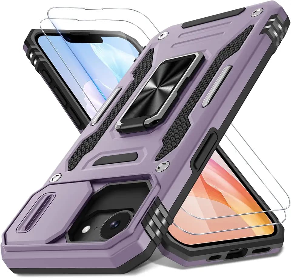 DEERLAMN Case for iPhone 17e/iPhone 16e 6.1-Inch with Slide Camera Cover+Screen Protector (2 Packs), Rotated Ring Kickstand Military Grade Shockproof Protective Cover-Deep Purple
