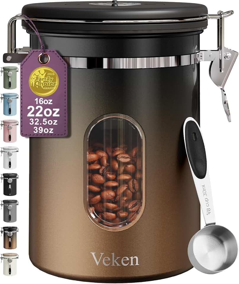 Veken Coffee Canister with Window, Airtight Stainless Steel Container, 22OZ