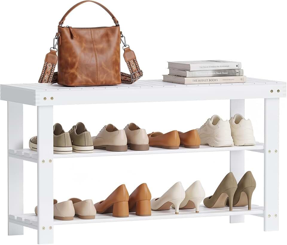 SMIBUY Schuhbank, Schuhregal aus Bambus, 3 Etagen, Schuh-Organizer, Aufbewahrungsregal für Eingang, Flur, Bad, Wohnzimmer, Diele (Weiß)