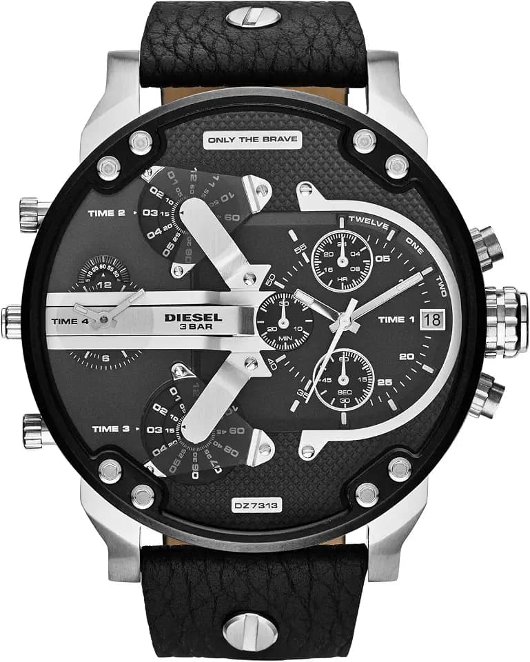 Diesel Mr. Daddy 2.0 Men's Watch, Stainless Steel and Leather Chronograph Sports Watch for Men, Color: Black/Silver