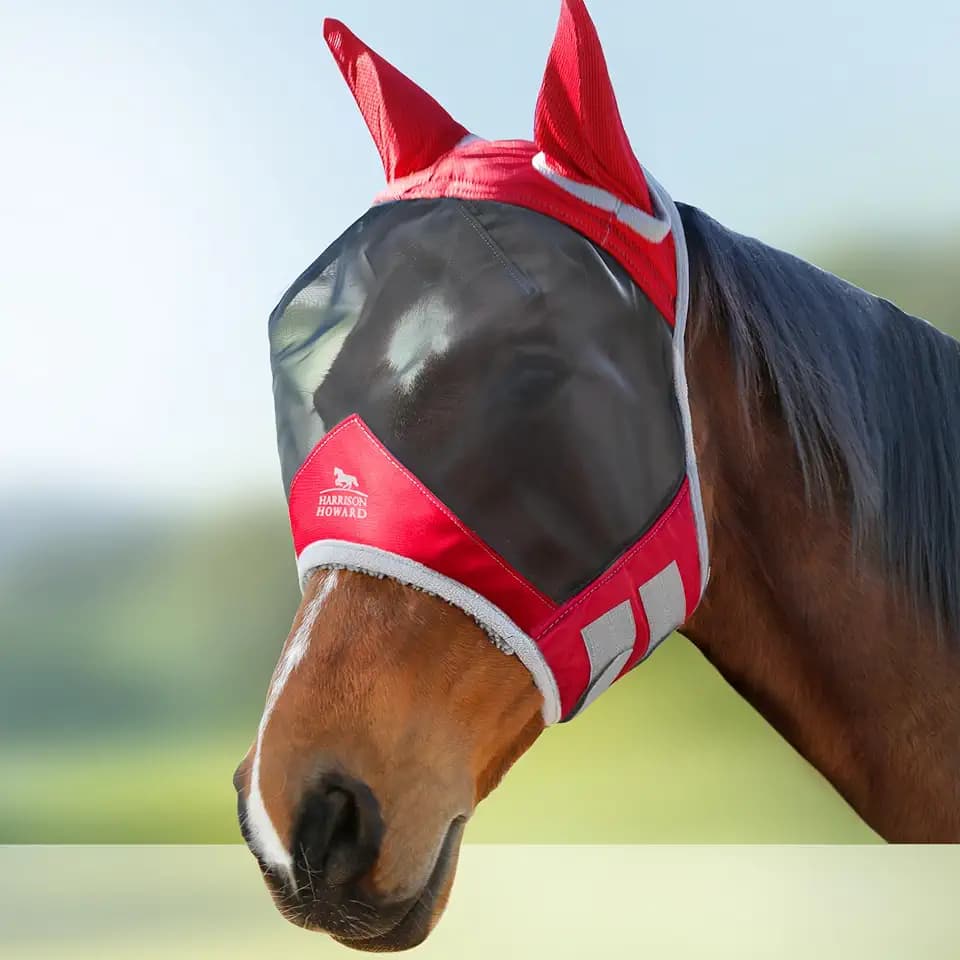 Harrison Howard CareMaster Pro Luminous Horse Fly Mask Large Eye Space Standard with Ears UV Protection for Horse Red M Cob