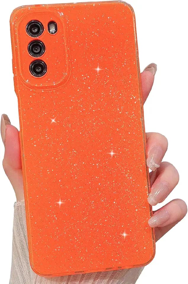 MINSCOSE for Motorola Moto G 5G 2022 Case,Cute Super Vibrant Neon Glitter Shiny Bling Sparkly Glossy Girly Case Thin Slim Shockproof Camera Protection Cover for Women Girl for Moto G 2022-Orange