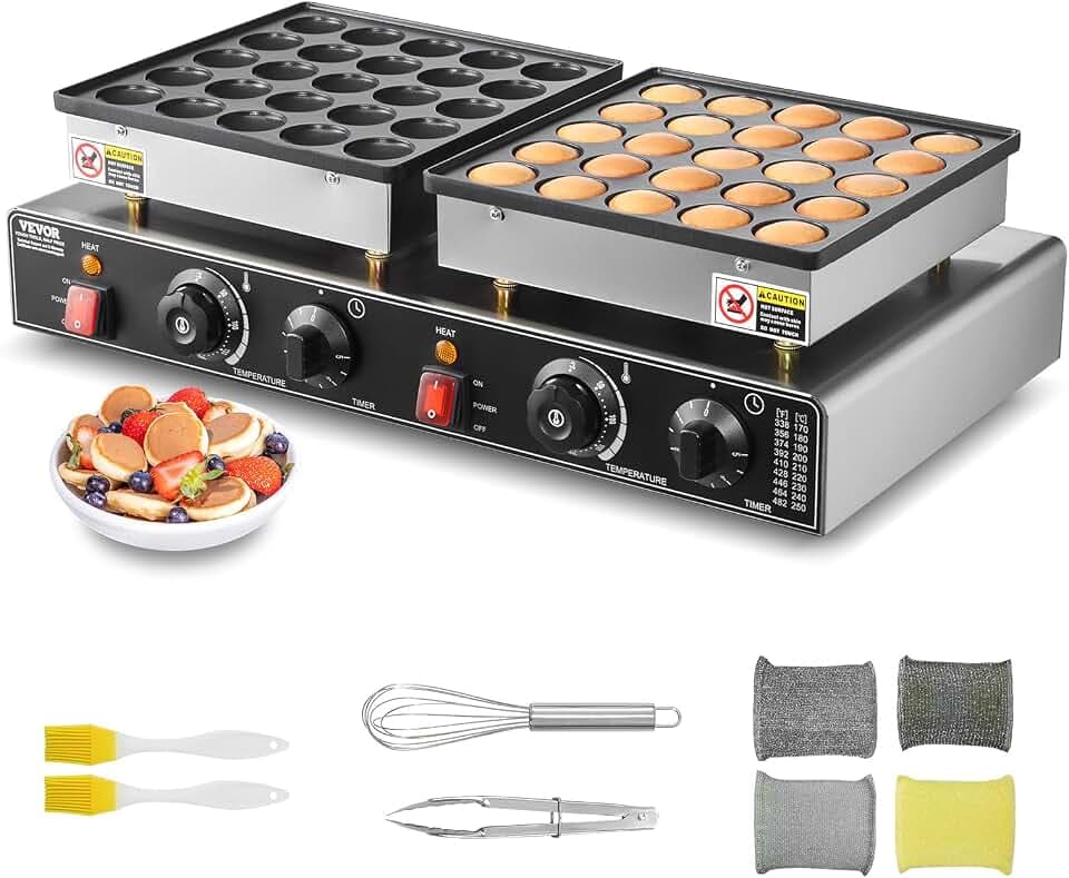 VEVOR 50-tlg. Mini-Pfannkuchen-Maker, Dorayaki-Bäcker aus antihaftbeschichtetem Edelstahl, 1800 W kommerzielle elektrische Poffertjes-Grillpfanne, duale Temperatur- und Zeitregelung, für Restaurant