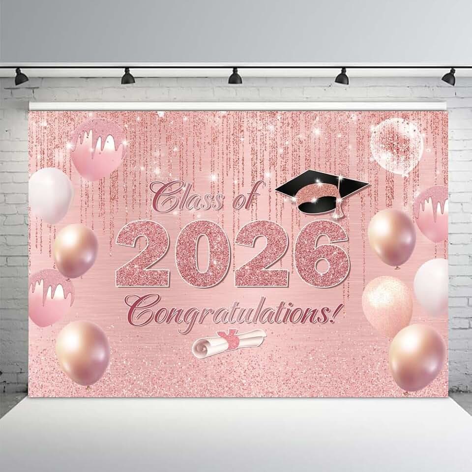 AIBIIN 7x5ft Pink Class of 2026 Party Backdrop, Rose Gold Congrats Grad Backdrop Congratulations Graduate Banner Supplies for Graduation Photo Booth Props