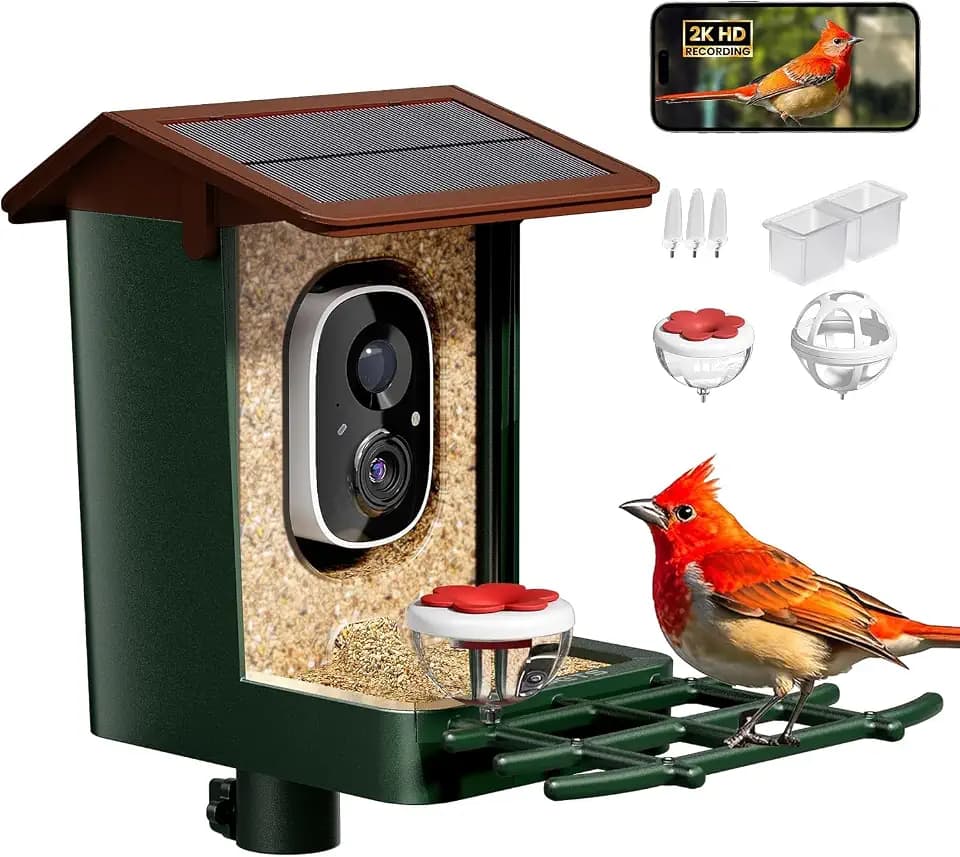 Smart Bird Feeder with Camera Solar Powered 2K HD Video, 10,000+ Species AI Recognition, Real-Time App Alerts, and Weatherproof Design for Effortless Birdwatching, Gift for Bird Lovers, Brown