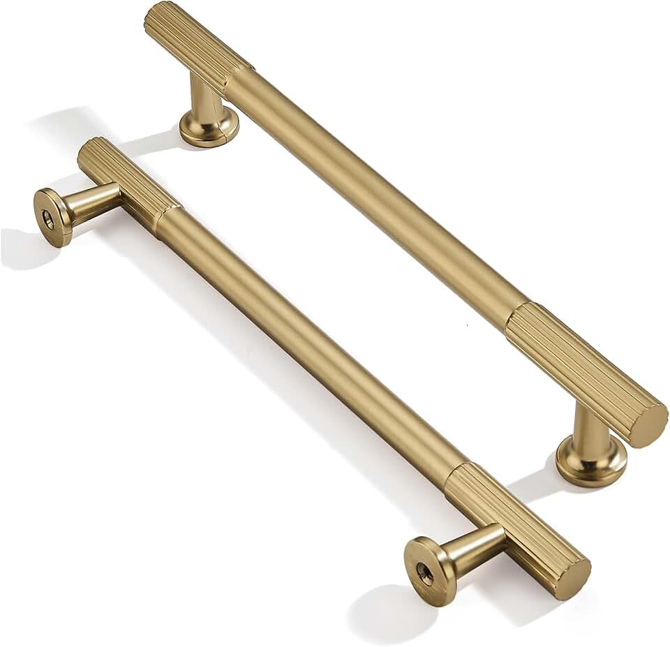 khtumeware 6 Inch Hole Center 2 Pack Brushed Brass Heavy Duty Solid Warm Brass Cabinet Pulls, Kitchen Drawer Handles, for Dresser cabinets, cabinets