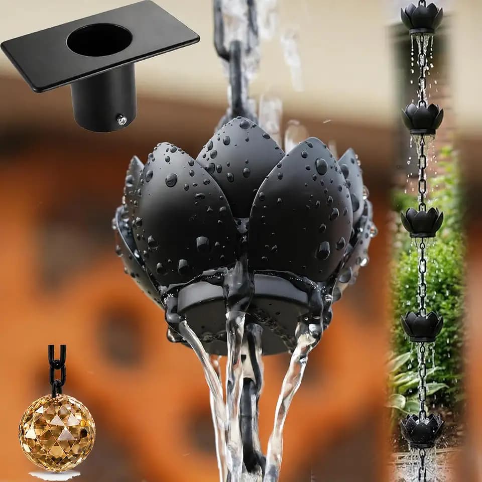 2 Pack Black Lotus Rain Chain for Gutters with Adapter, 8.5 FT Decorative Rain Chains for Gutters Outdoor, 12 Flower Cups Downspout Replacement with Heavy Crystal Pendant for Garden, Patio, Porch