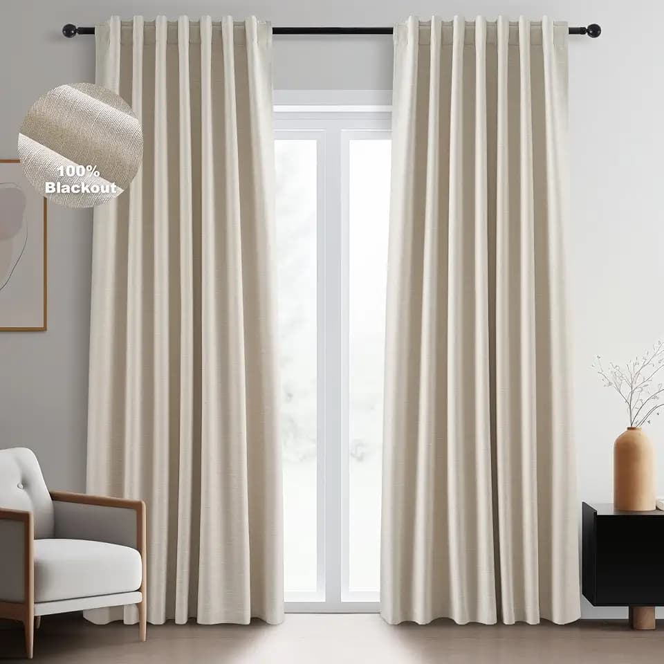 Topfinel 92 Inches Long Cream Custom Black Out Drapery Panels, Rustic Burlap Sound Blocking Tweed Pleated Window Coverings, Kids Winter Boho Heat Blocking Back Tab Curtains for Bay Window Patio