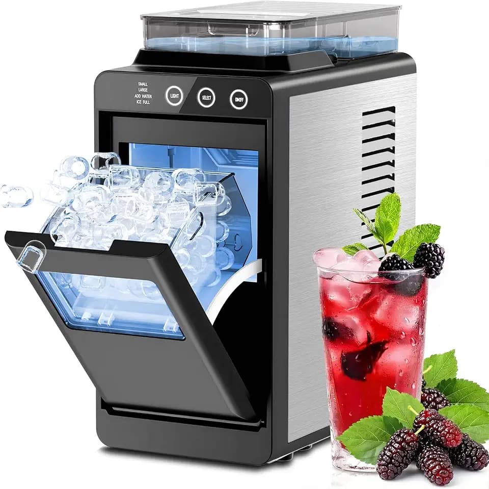 Kismile Countertop Ice Maker with 1.2L Top Water Tank, 8 Bullet Cubes in 6 Mins, 26.5lbs in 24Hrs, 2 Ice Sizes, Self-Cleaning Portable Ice Maker with Basket and Scoop, for Home/Camping/RV, Black