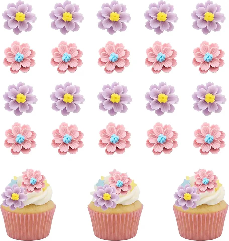 20Pcs Flowers Cupcake Toppers Pink Purple Flowers Cake Topper for Bridal Engagement Baby Shower Kids Birthday Wedding Anniversary Fairy Floral Party Table Decorations
