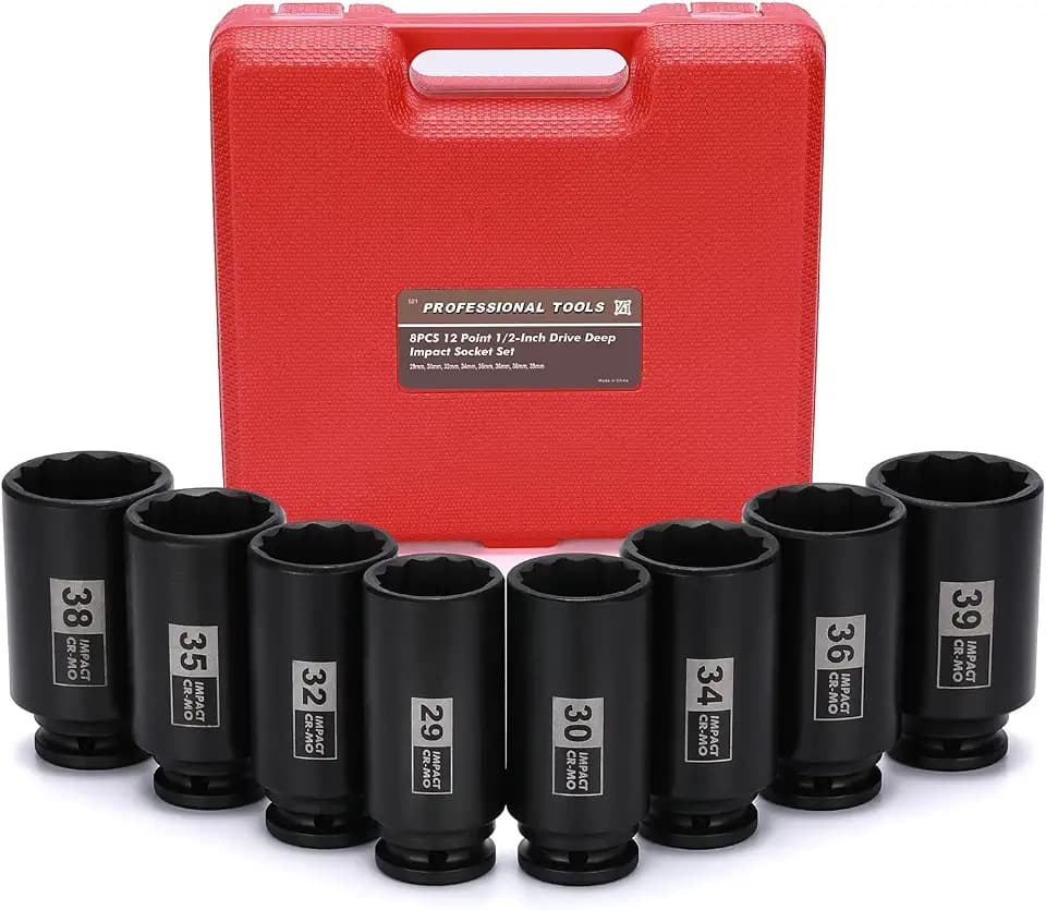 Mayouko 8PCS 1/2" Deep Axle Nut Impact Socket Set, CR-MO, 12 Point Design, Metric, 29,30,32,34,35,36,38,39mm, 1/2 Inch Extra Deep Impact Socket