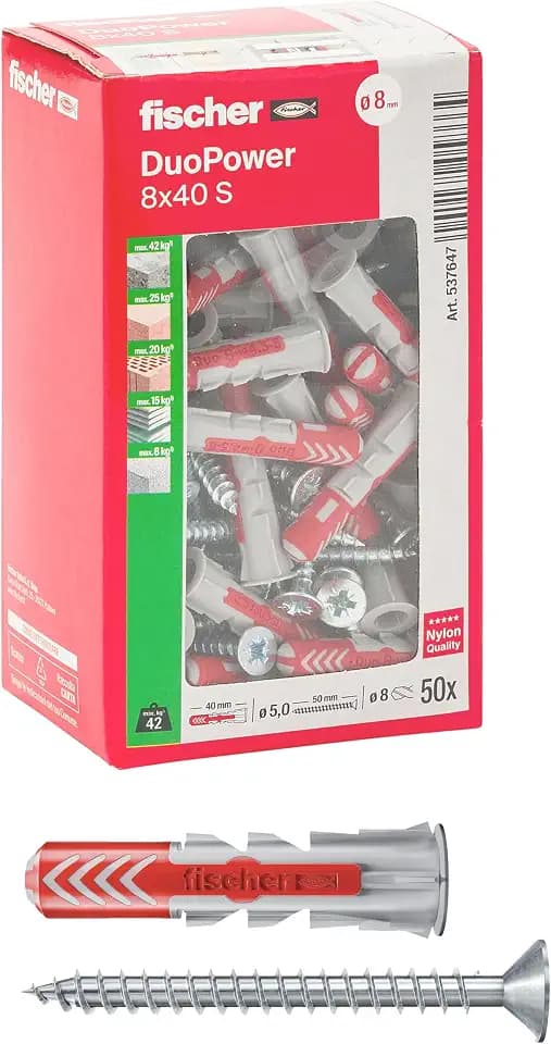 Fischer 50 x Dübel mit Schraube DuoPower 8 x 40 mm, für Mauern, Lochstein, Gipskarton, 537647