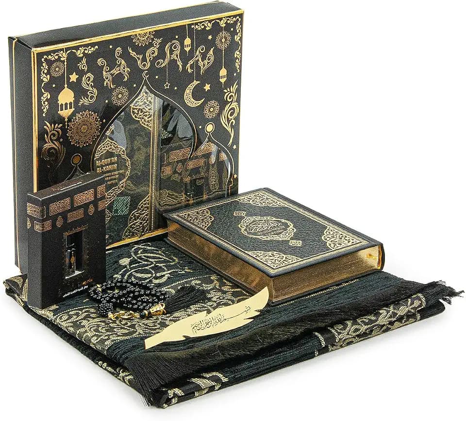 ihvan online, Gebetsgeschenkset für Männer und Frauen, Gebetsteppich Islam, Prayer Mat, Perlen Taasbih, Heiliger Koran ins Deutsche übersetzt, Muslimischer, Seccade Namazlık SETI, Schwarz
