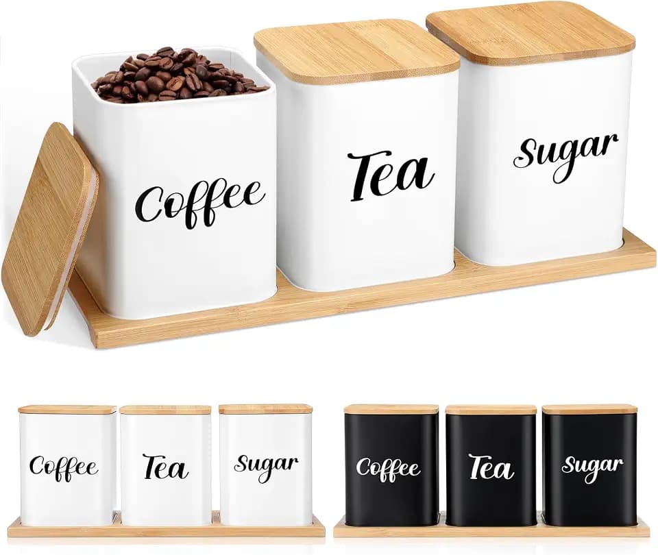 Tioncy Coffee Tea Sugar Container with Tray Set of 3 Airtight Metal Canister with Bamboo Lid Tray for Kitchen Counter Dining Room Farm House Kitchen Style Drink Station Organizer Set(White)