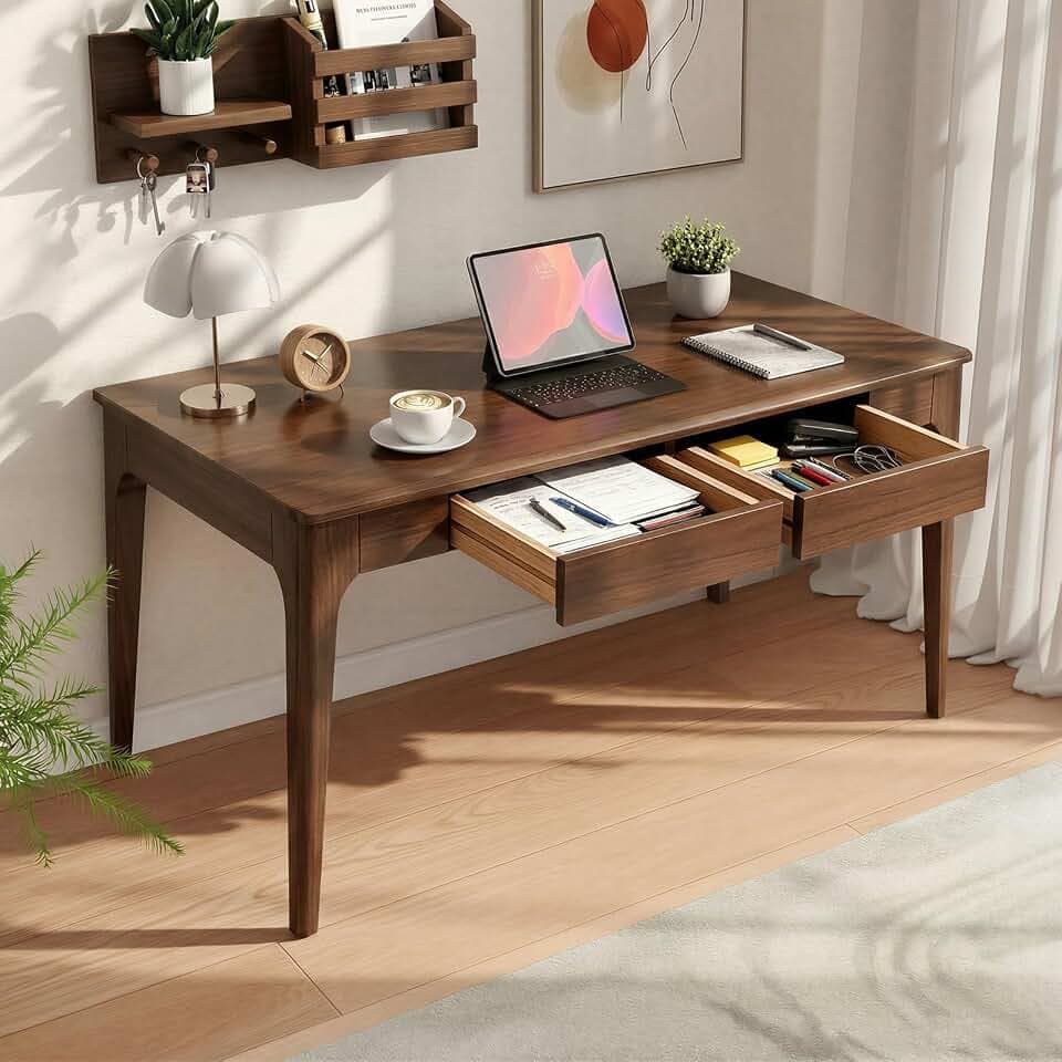 Zevemomo Solid Wood Desk w/Drawers, Home Office Writing Solid Wooden Desks
