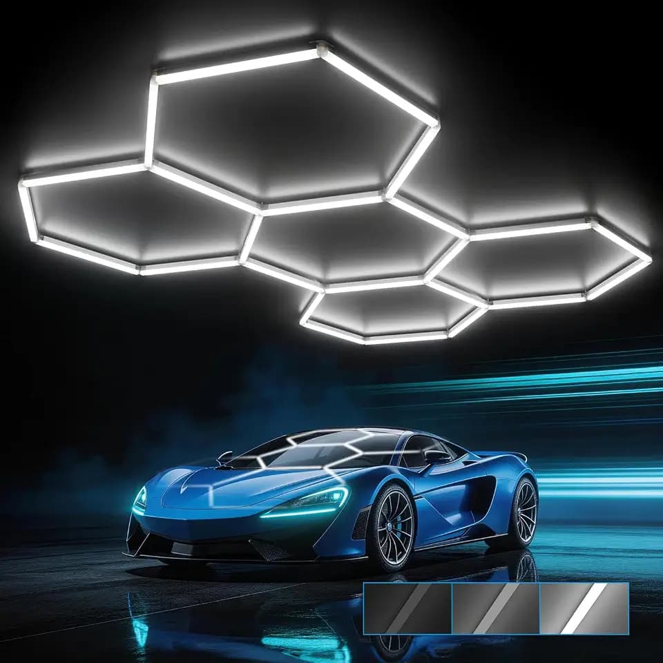 HYPERLITE Gen 2 Hexagon Garage LED Light, Upgraded 3 Level Dimmable 168W 16800LM Super Bright Garage Detailing Lights, 5 Grids Hex Shop Light, Hexagon LED Lights for Basement, Car Wash, Gym, Shop