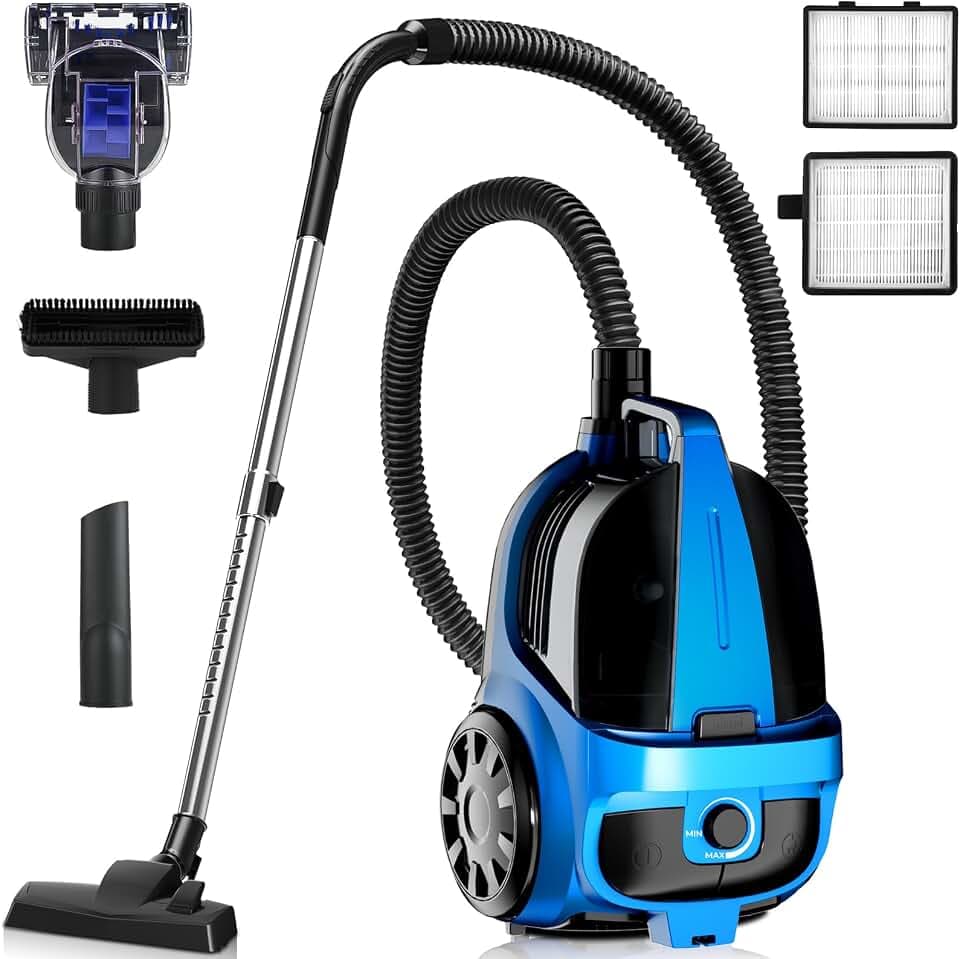 Canister Vacuums 45Kpa 1600W Canister Vacuum Cleaners for Home Double HEPA Filter 4.5Qt Bagless Vacuum Cleaner Lightweight Canister Vacuum Cleaner for Hard Floors Carpet Pet Upholstery Tiles Car Blue