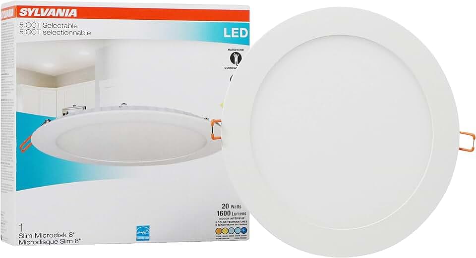 Sylvania 8" Slim Microdisk Recessed LED Downlight Kit, Dimmable, 20W, 5 CCT Color Selectable (2700K/ 3000K/ 3500K/ 4000K/ 5000K), Wet Rated, 90 CRI - 1 Pack (61407)