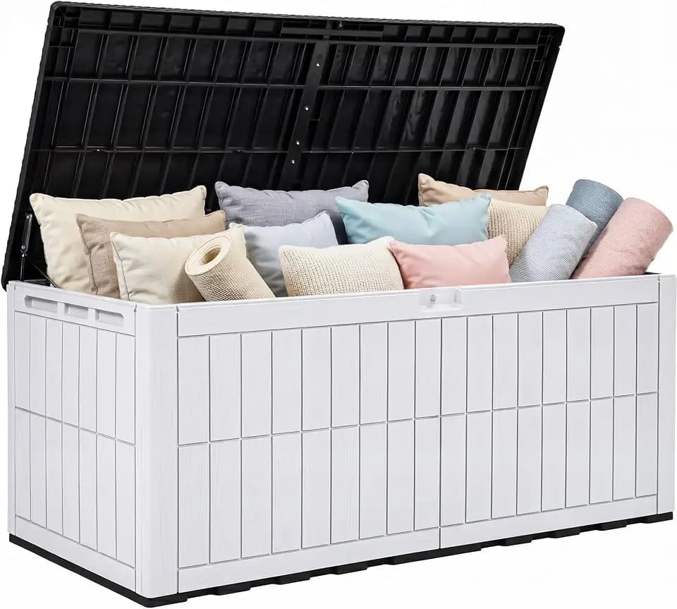 YITAHOME 833L Auflagenbox Wasserdicht, Große Gartenbox mit Schloss & Gasdruckfeder, Kissenbox mit Sitzfunktion bis 300 kg, Wetterfeste Resin Gartentruhe, UV-beständig & Belüftet, Schwarzer& Weißer