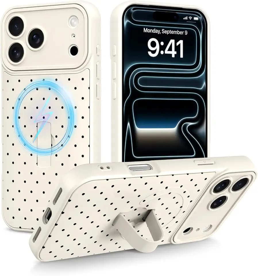 KANGHAR Magnetic Case for iPhone 17 Pro with Finger Strap, White Polka Dot