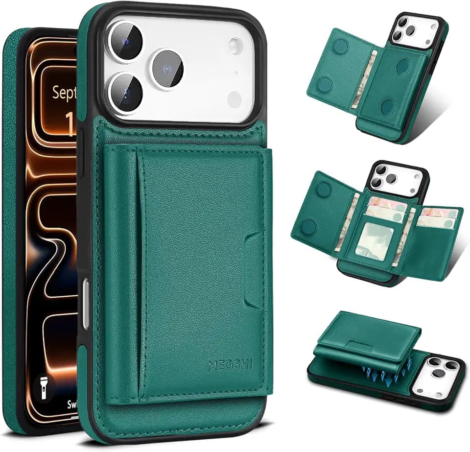 for iPhone 17/18 pro Wallet Case, 2-in-1 Detachable Wallet Case, Card Holder RFID Blocking, Fashionable Faux Leather Card Slot & Folding Design (Green)