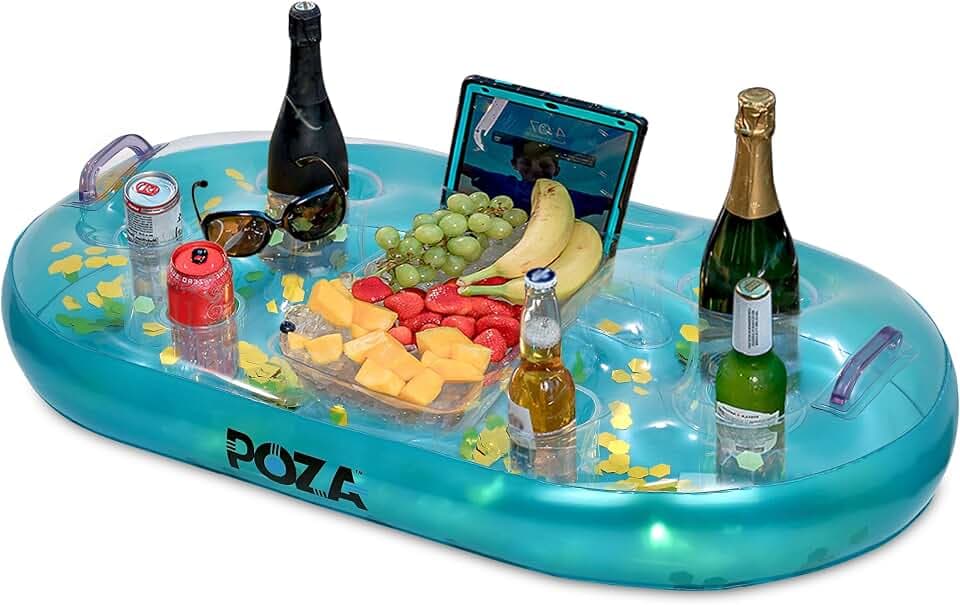 POZA Inflatable Gold Floating Cooler - Luxurious Drink Holder Filled with Sparkly Confetti, Premium Party Float with 8 Holders, Serving Bar for Beach, Lake, Hot Tub, Jacuzzi and Pool - 39x23 Inches