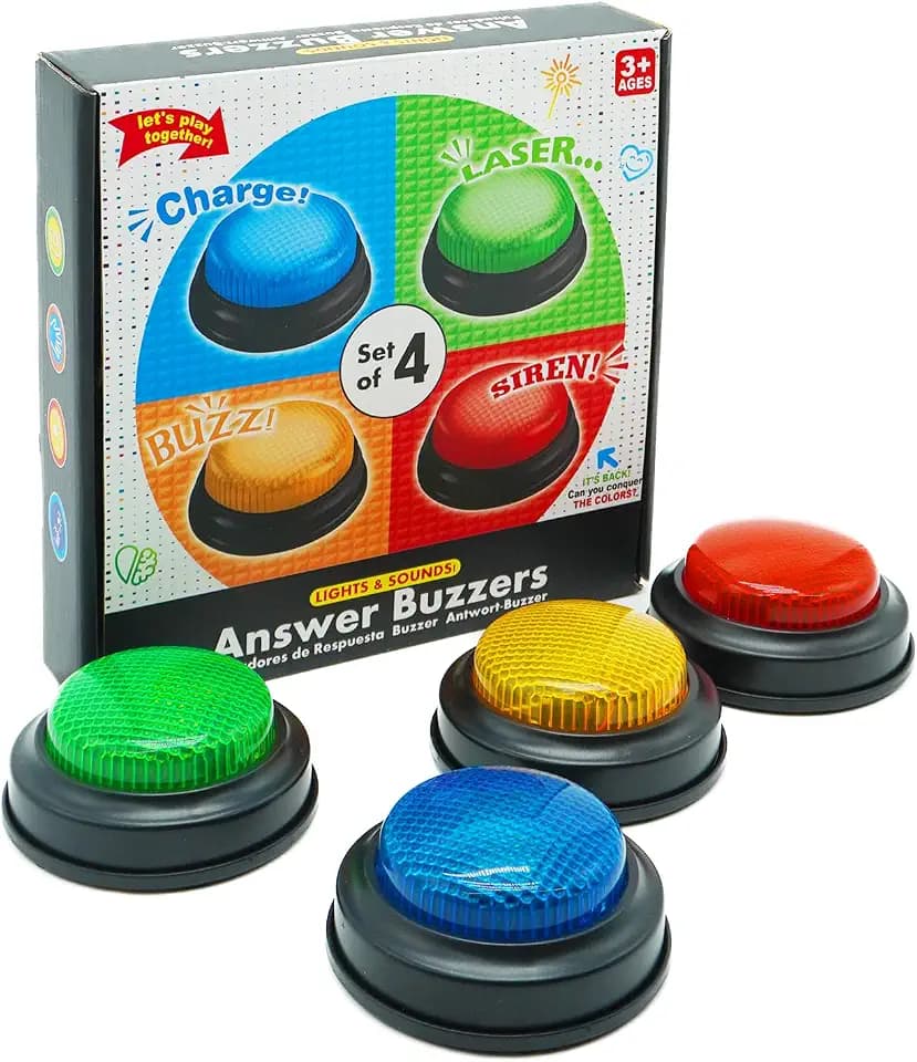 Gelabur Set of 4 Buzzers for Trivia Games, Answer Buzzers for Classroom, Family Feud Jeopardy Buzzer, Game Buzzers with Lights and Sound for Classroom, Game Show Buzzer Buttons