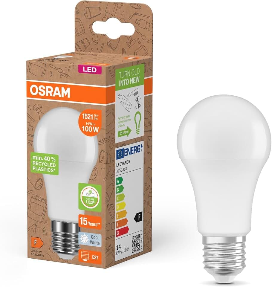 Osram LED STAR CLASSIC A 100 FR LED-Lampe, E27, klassische Kolbenform, weiß, 14W, 1521lm, 4000K, kaltweißes Licht, sehr geringer Energieverbrauch, mit recyceltem Kunststoff, 6 - Pack