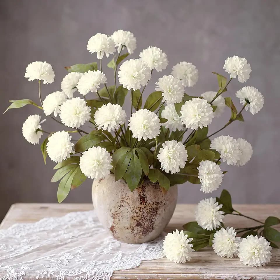 6 Pcs 27" Artificial Mums Silk Pompon Flower for Vase, Cream