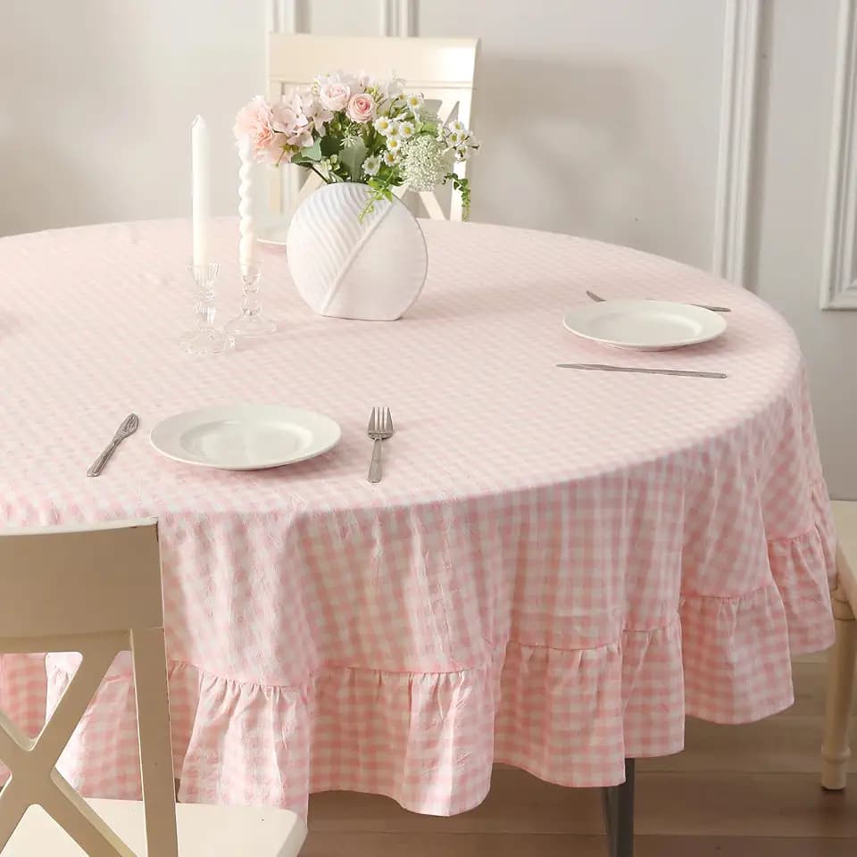 Blush White Gingham Tablecloth Round Dia.70“
