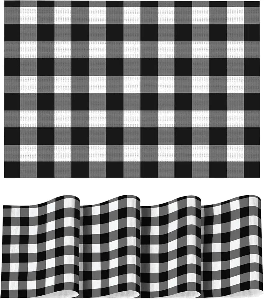 Artoid Mode Buffalo Plaid Vinyl Placemats Set of 4, 12x18 Inch Washable Non-Slip Heat Resistant Plastic Place Mats for Party Dining Table, Black/White